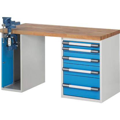 Workbench, Series 7000 modular system, 5 drawers, 1 vice (folding lift) on the left side, WxD 1500 x 700 mm.