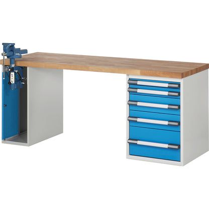 Workbench, Series 7000 modular system, 5 drawers, 1 vice (folding lift) on the left side, WxD 2000 x 700 mm.