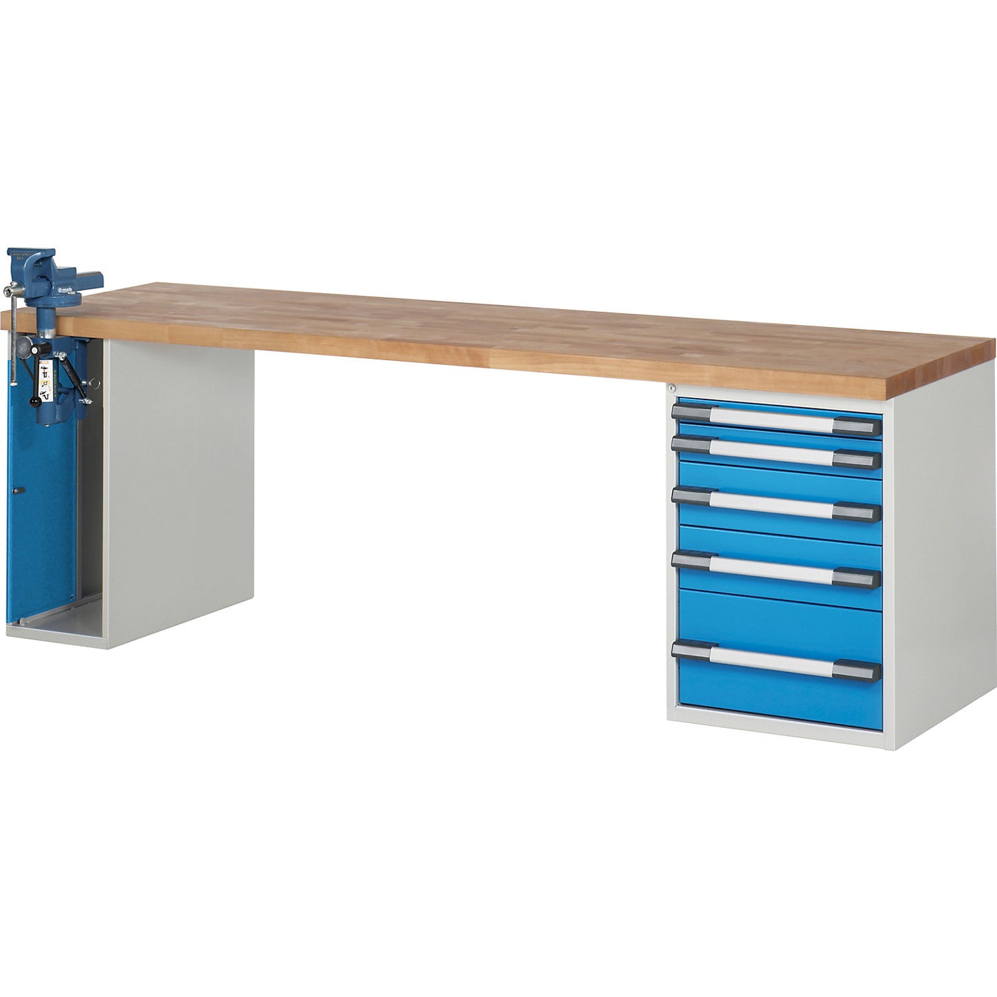 Workbench, Series 7000 modular system, 5 drawers, 1 vice (folding lift) on the left side, WxD 2500 x 700 mm.