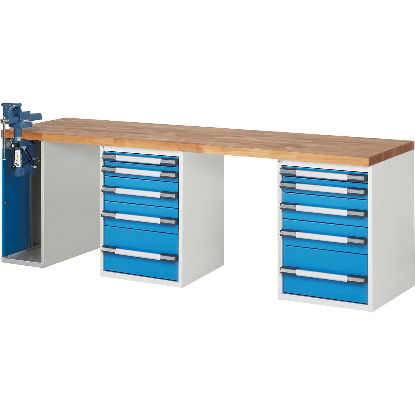 Workbench, Series 7000 modular system, 10 drawers, 1 vice (folding lift) on the left side, WxD 2500 x 700 mm.