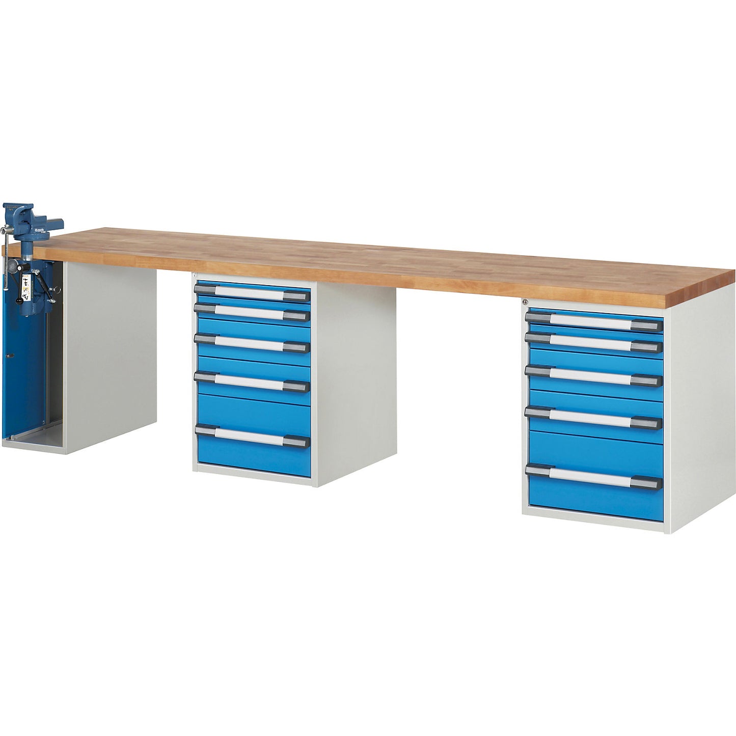 Workbench, Series 7000 modular system, 10 drawers, 1 vice (folding lift) on the left side, WxD 3000 x 700 mm.