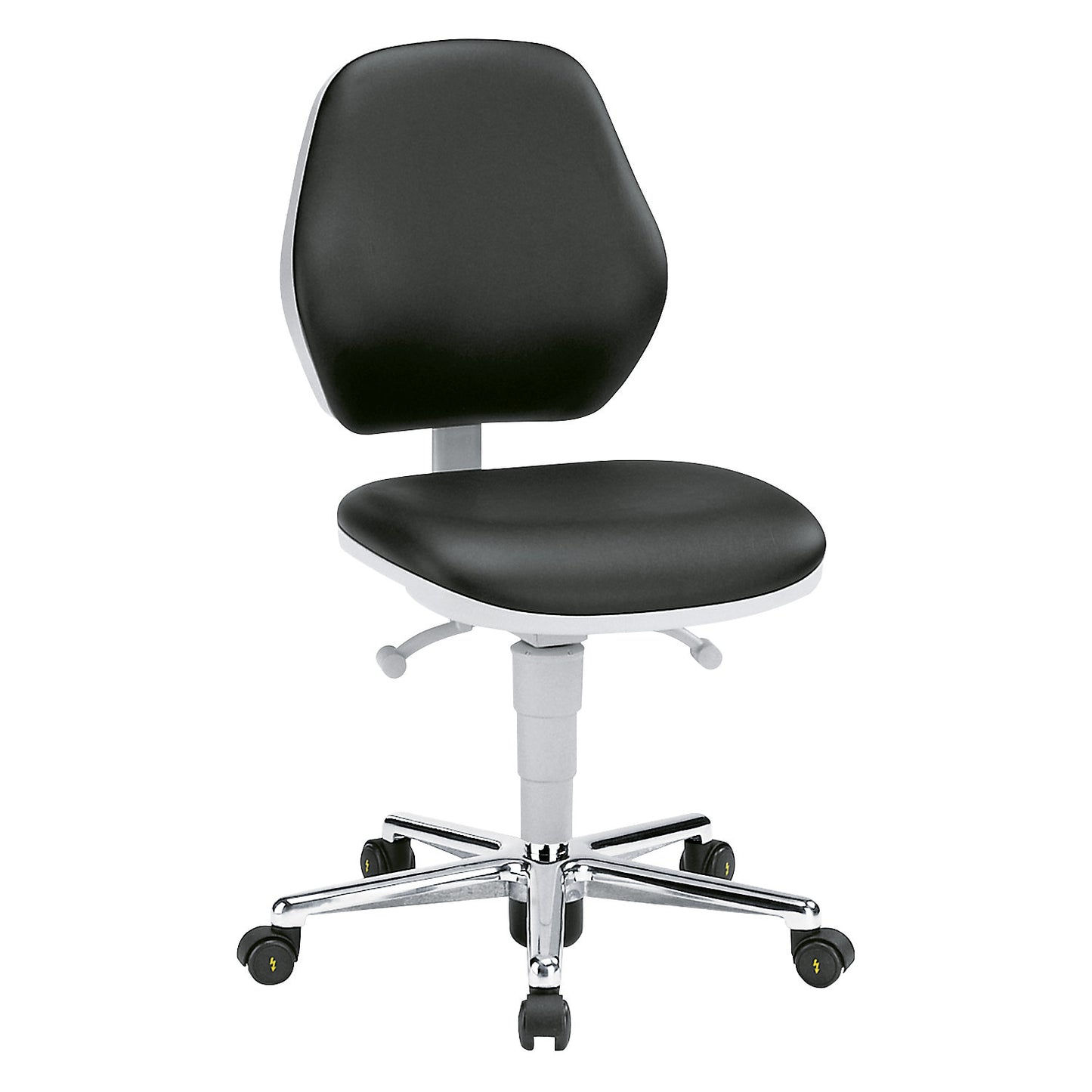 Cleanroom swivel chair, with castors, permanent contact mechanism.