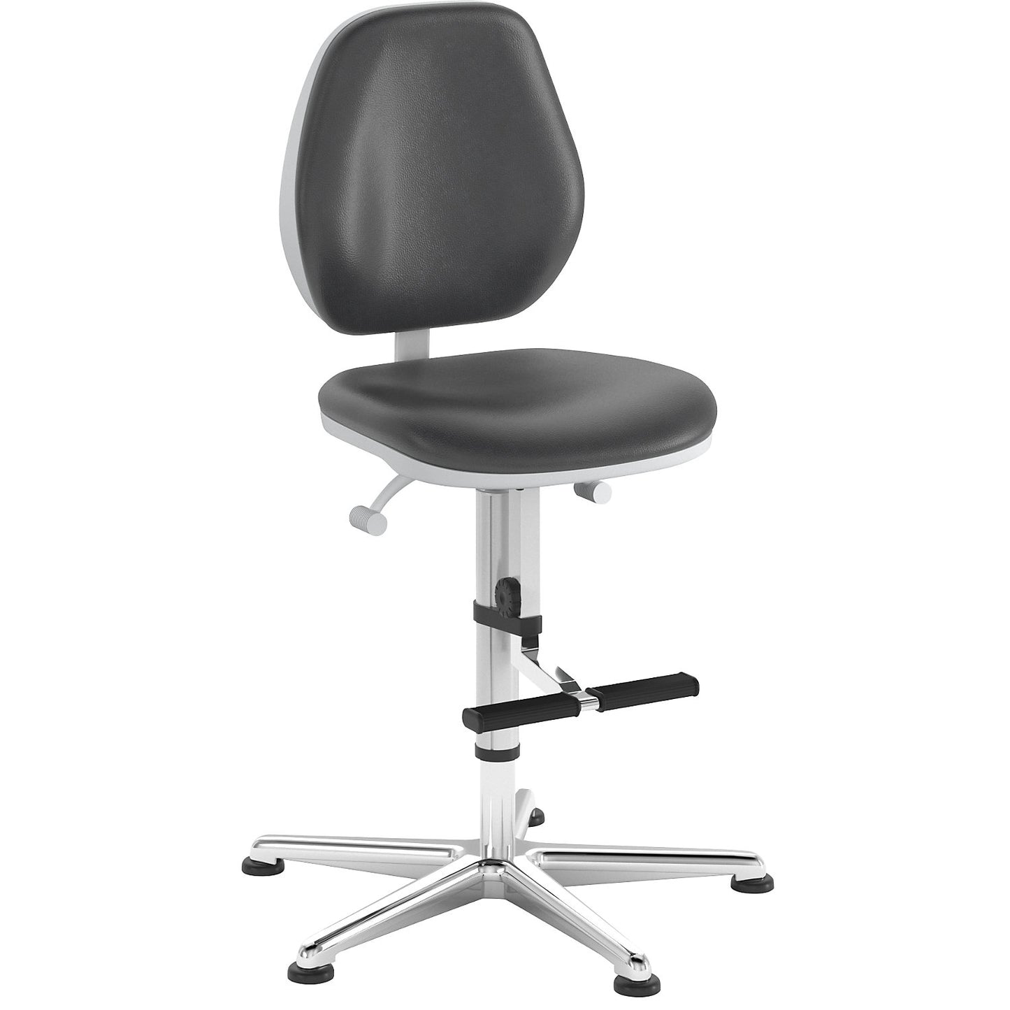 Cleanroom swivel chair, with floor glides and step, permanent contact mechanism.