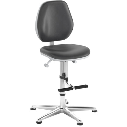 Cleanroom swivel chair, with floor glides and step, permanent contact mechanism.