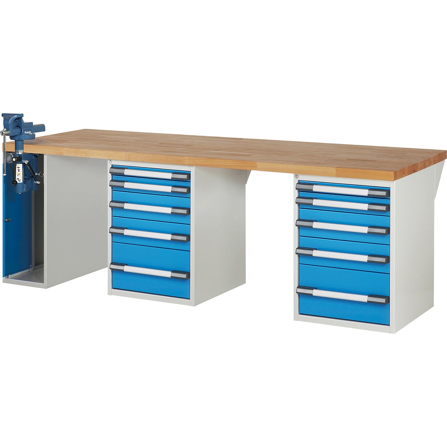 Workbench, Series 7000 modular system, 10 drawers, 1 vice (folding lift) on the left side, WxD 2500 x 900 mm.