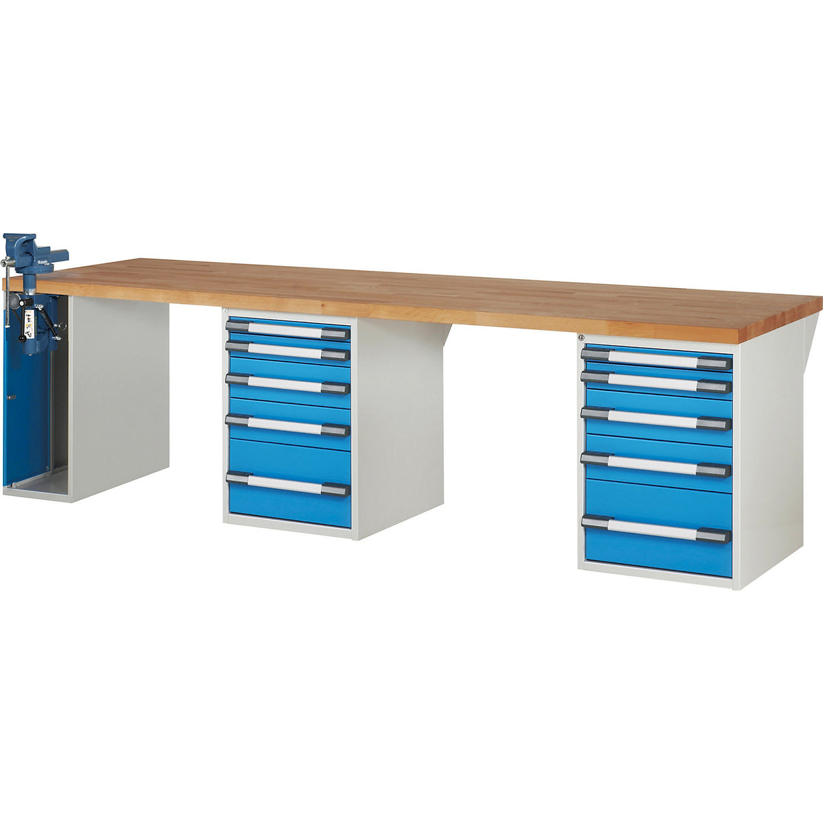 Workbench with vice cupboard, Series 7000 modular system, 2 fixed pedestals with 5 drawers each, 1 vice pedestal (folding lift) on the left, WxD 3000 x 900 mm.