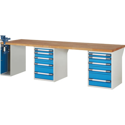 Workbench, Series 7000 modular system, 10 drawers, 1 vice (folding lift) on the left side, WxD 3000 x 900 mm.