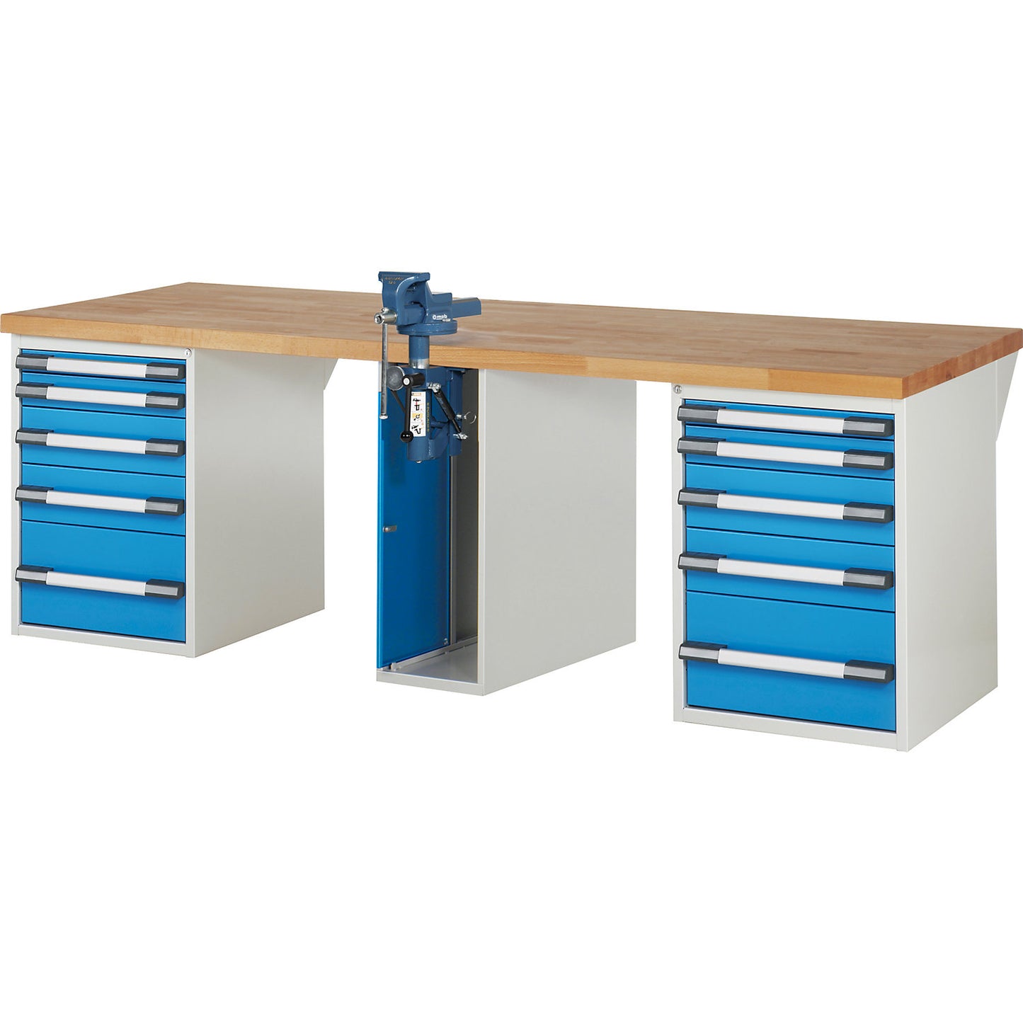 Workbench, Series 7000 modular system, 10 drawers, 1 vice (folding lift) in the middle, WxD 2500 x 900 mm.