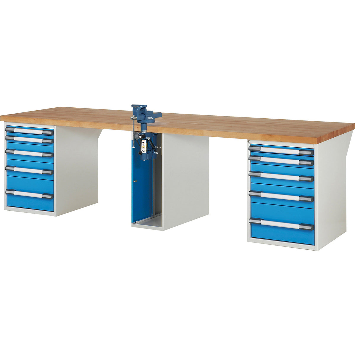 Workbench with vice cupboard, Series 7000 modular system, 2 fixed pedestals with 5 drawers each, 1 vice container (folding lift) in the middle, WxD 3000 x 900 mm.