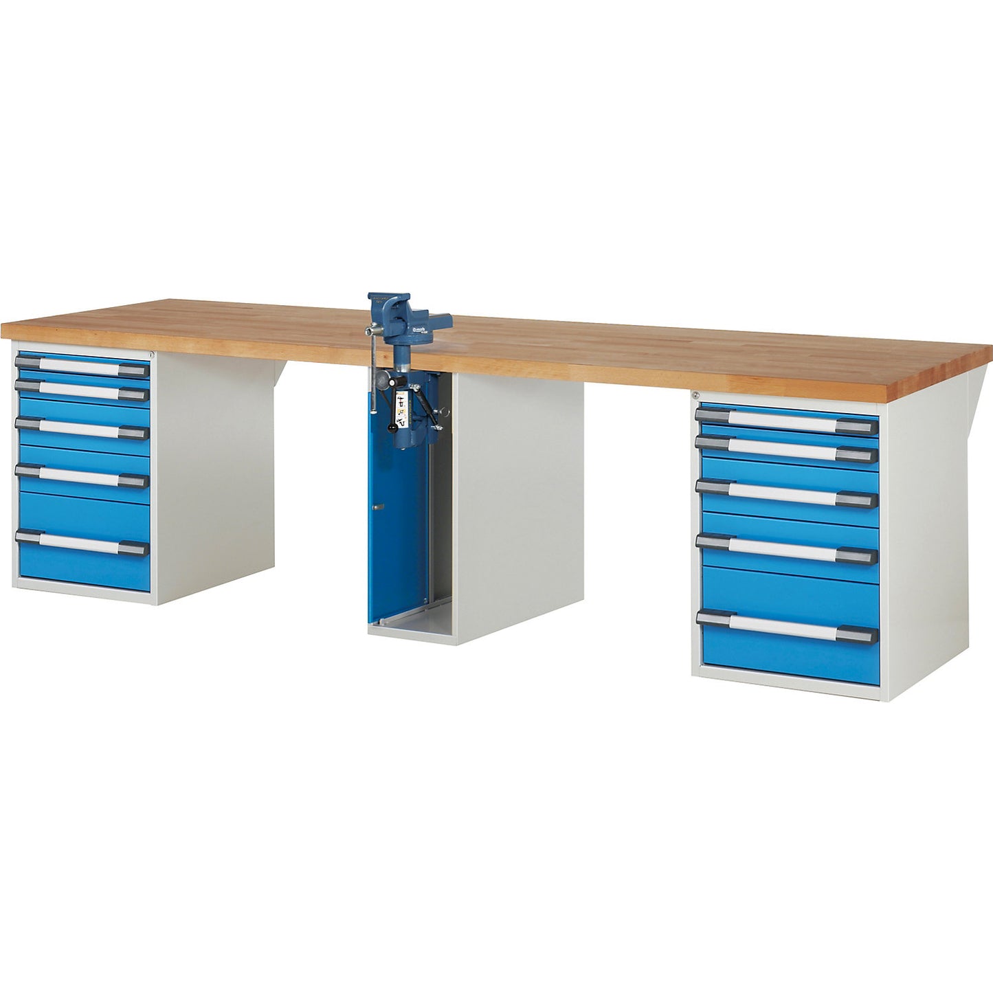 Workbench, Series 7000 modular system, 10 drawers, 1 vice (folding lift) in the middle, WxD 3000 x 900 mm.