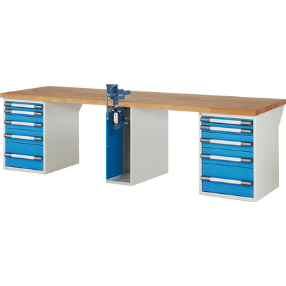 Workbench, Series 7000 modular system, 10 drawers, 1 vice (folding lift) in the middle, WxD 3000 x 900 mm.