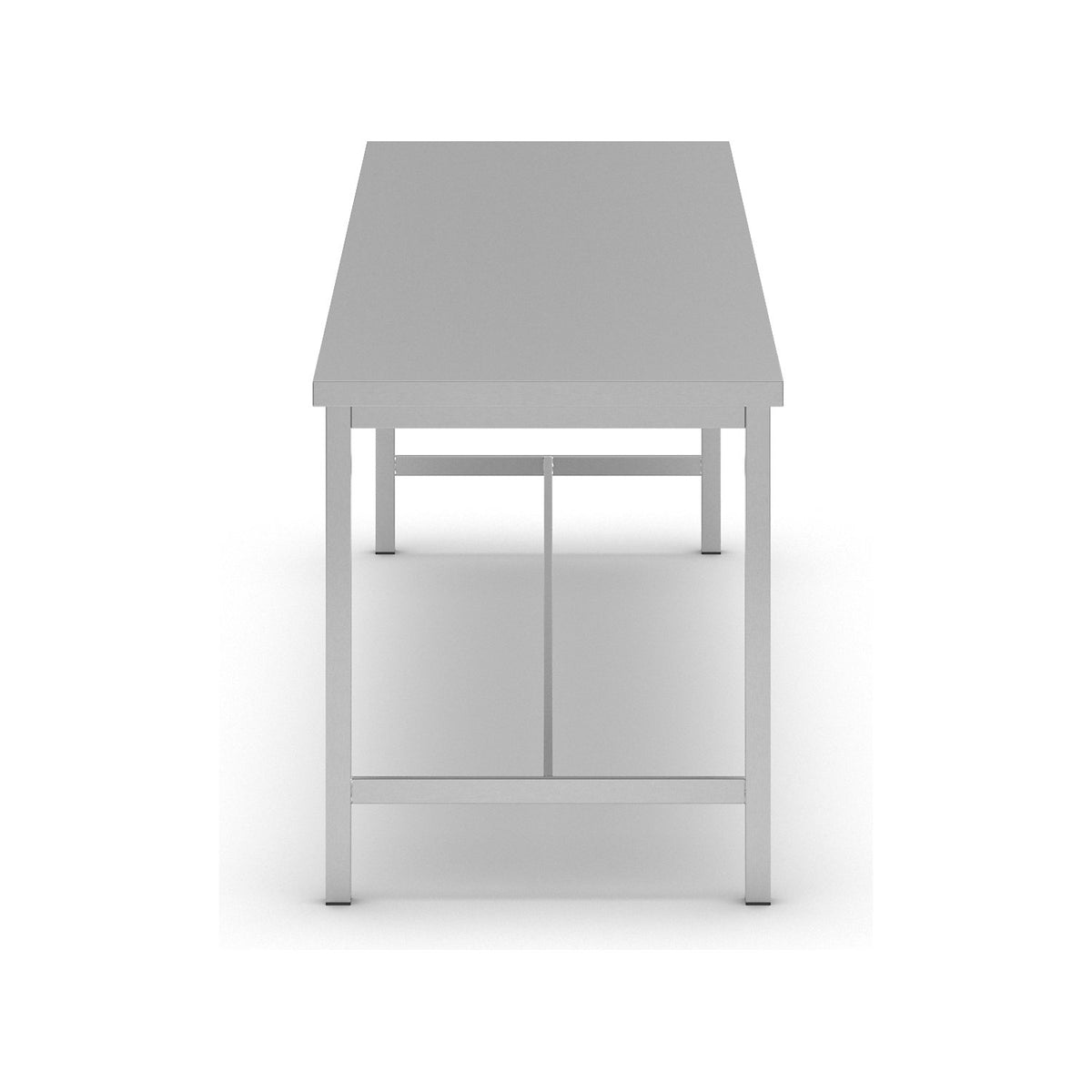 Stainless steel work table, 1 centre brace, width 2400 mm.