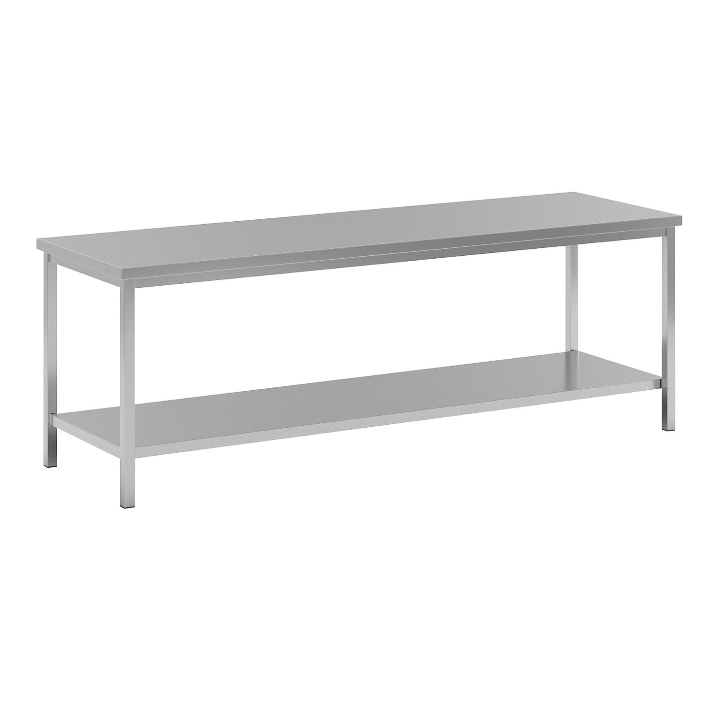 Stainless steel work table, 1 full length shelf, width 2400 mm.