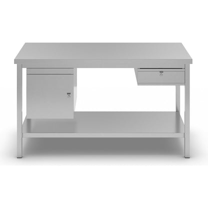 Stainless steel work table, 1 base cupboard, 1 drawer, 1 full length shelf, width 1500 mm.