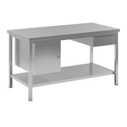 Stainless steel work table, 1 base cupboard, 1 drawer, 1 full length shelf, width 1500 mm.