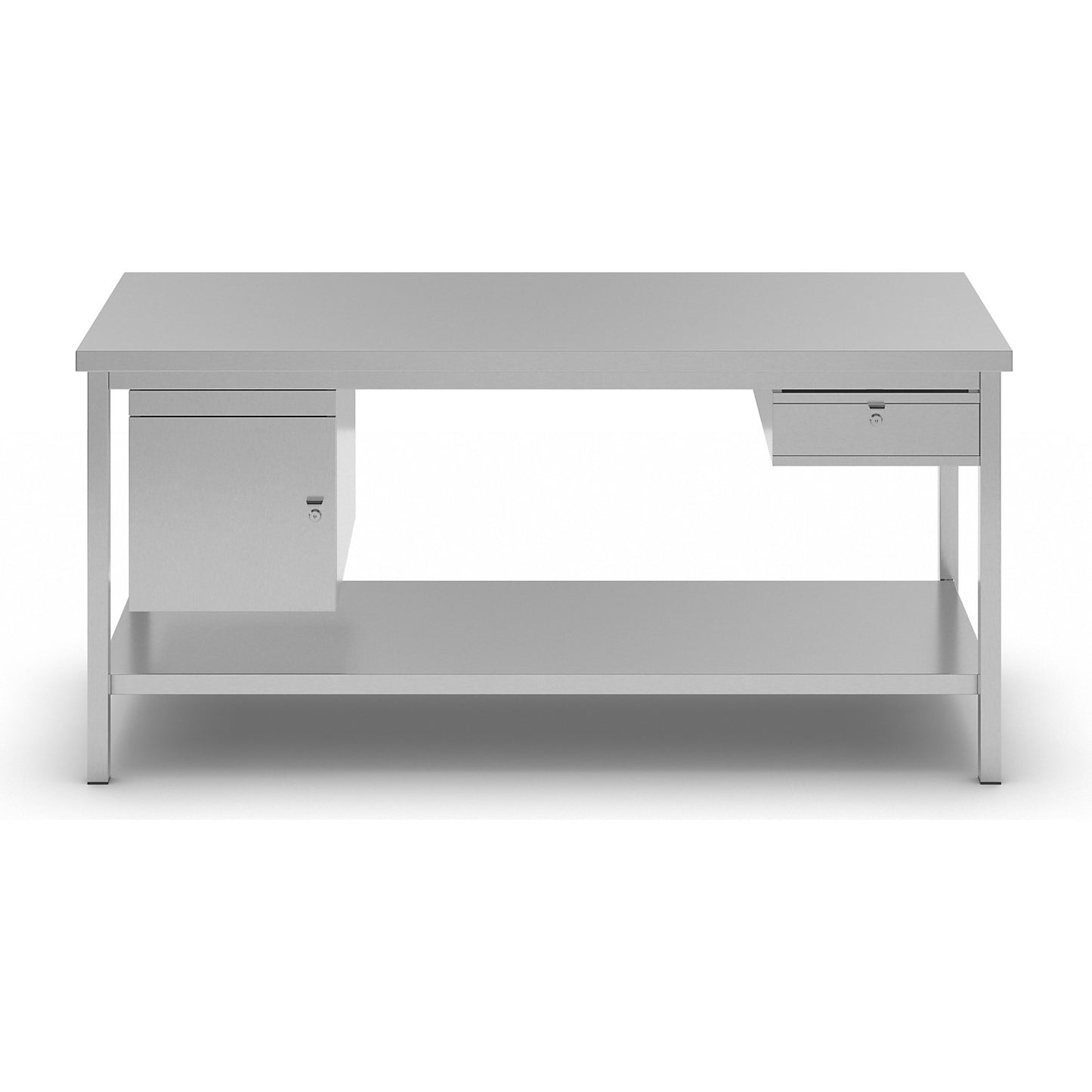 Stainless steel work table, 1 base cupboard, 1 drawer, 1 full length shelf, width 1800 mm.