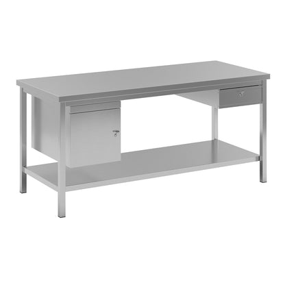Stainless steel work table, 1 base cupboard, 1 drawer, 1 full length shelf, width 1800 mm.