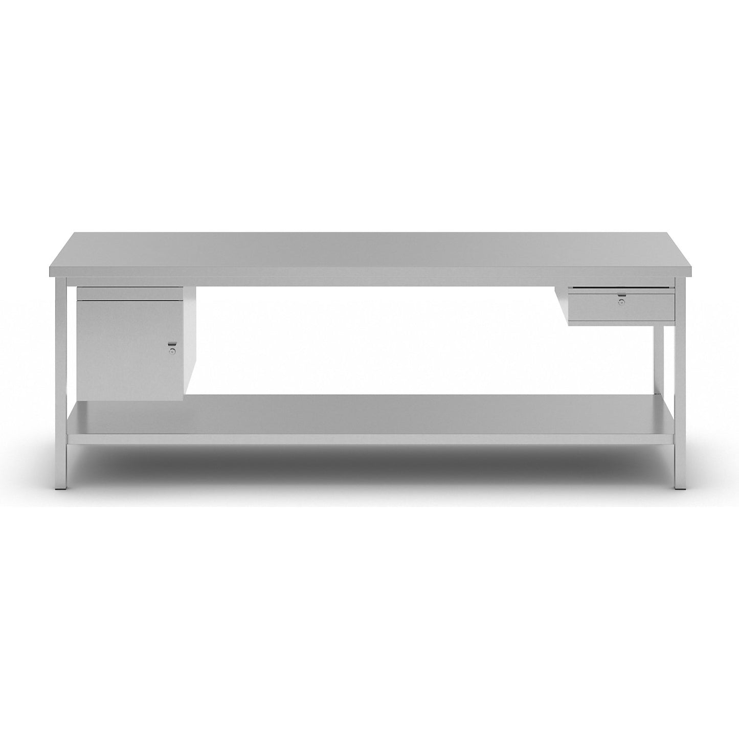 Stainless steel work table, 1 base cupboard, 1 drawer, 1 full length shelf, width 2400 mm.