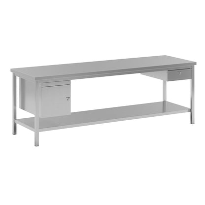 Stainless steel work table, 1 base cupboard, 1 drawer, 1 full length shelf, width 2400 mm.