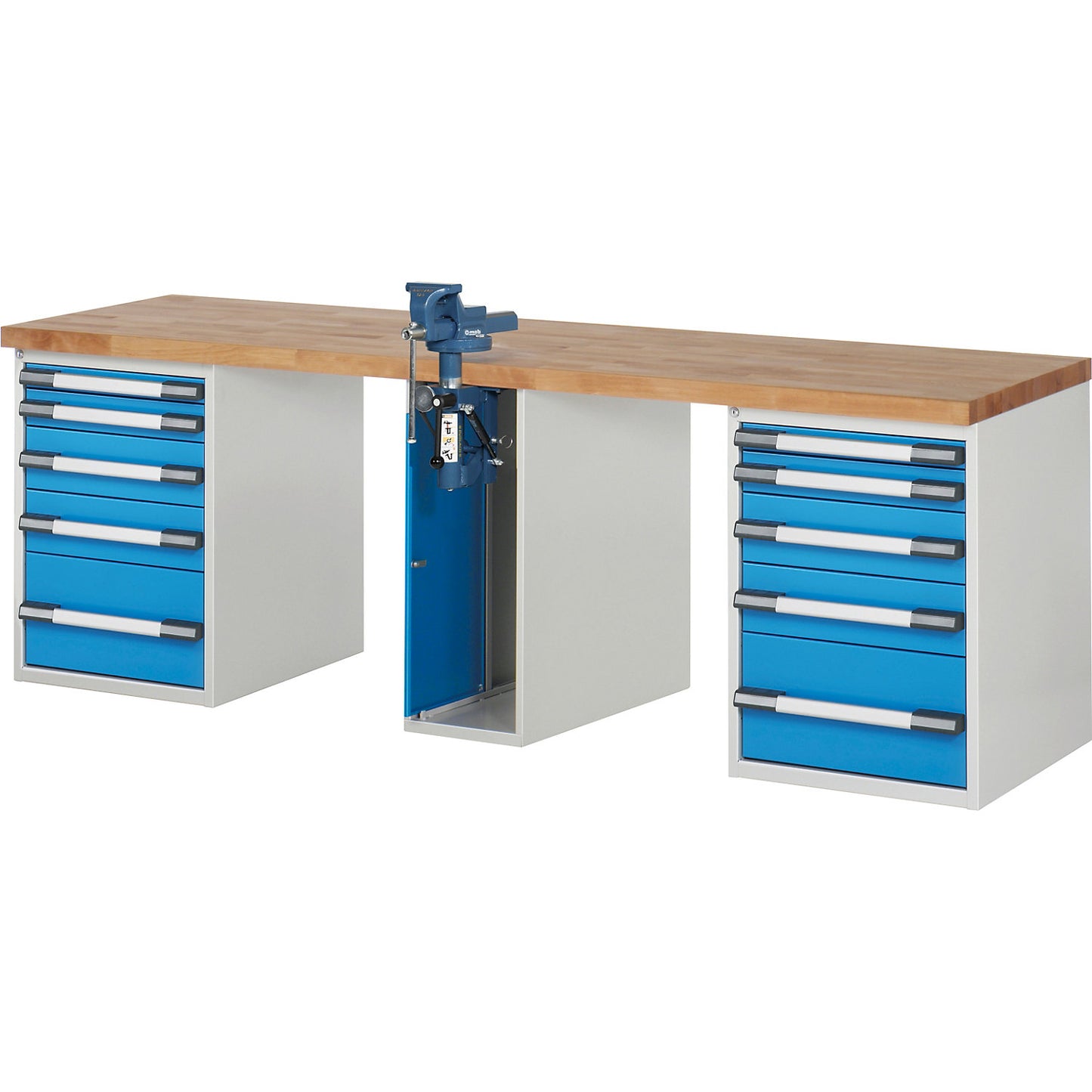 Workbench, Series 7000 modular system, 10 drawers, 1 vice (folding lift) in the middle, WxD 2500 x 700 mm.