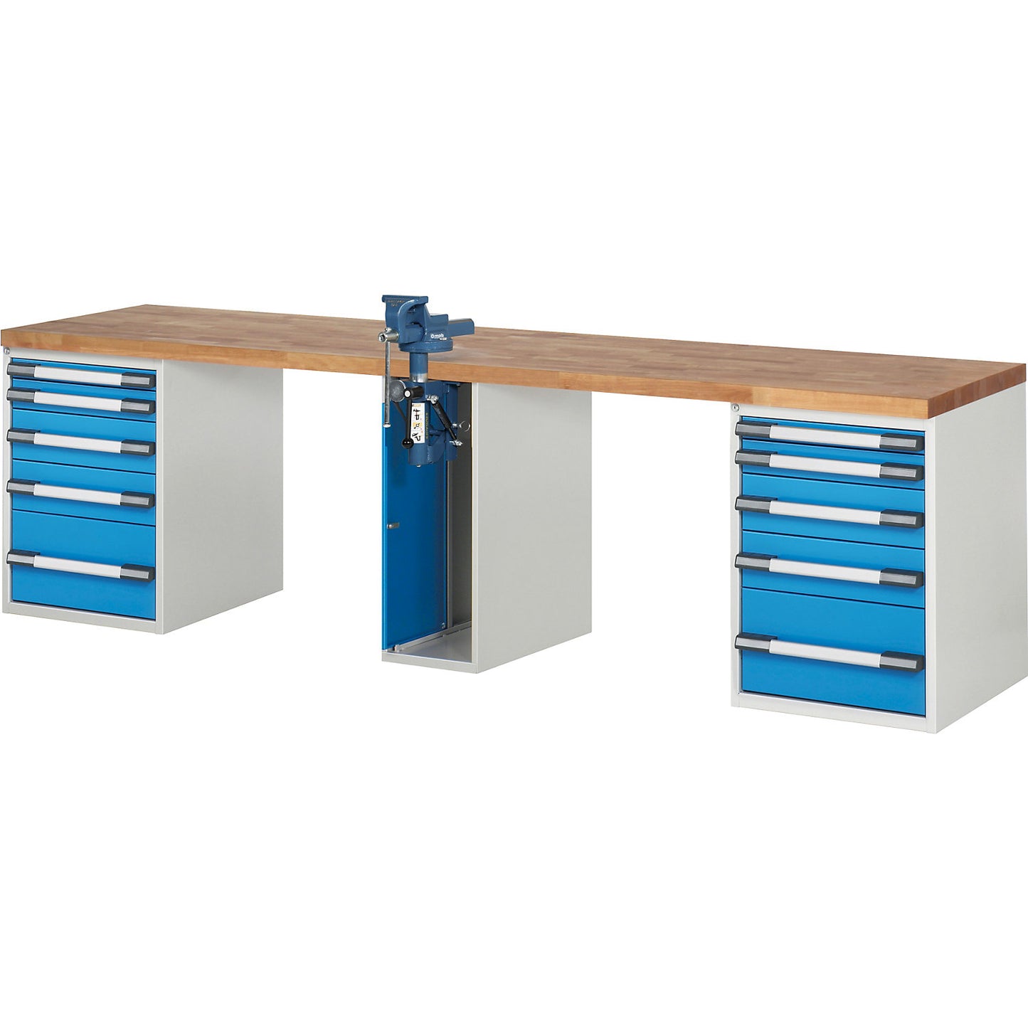 Workbench, Series 7000 modular system, 10 drawers, 1 vice (folding lift) in the middle, WxD 3000 x 700 mm.
