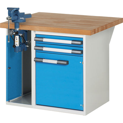 Workbench, Series 7000 modular system, 2 drawers, 1 door, 1 vice (folding lift) on the left side, WxD 1000 x 900 mm.
