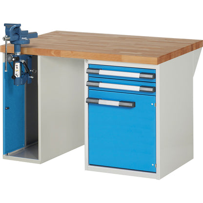 Workbench, Series 7000 modular system, 2 drawers, 1 door, 1 vice (folding lift) on the left side, WxD 1250 x 900 mm.