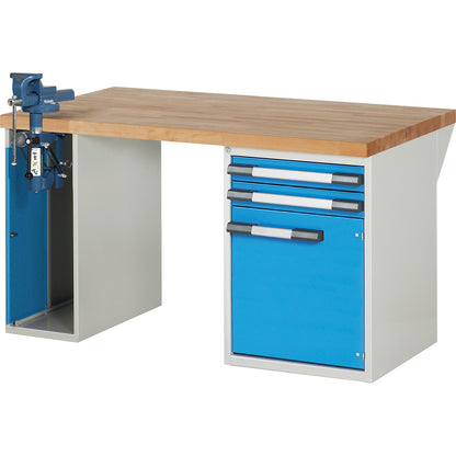 Workbench, Series 7000 modular system, 2 drawers, 1 door, 1 vice (folding lift) on the left side, WxD 1500 x 900 mm.
