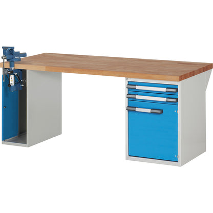 Workbench, Series 7000 modular system, 2 drawers, 1 door, 1 vice (folding lift) on the left side, WxD 2000 x 900 mm.