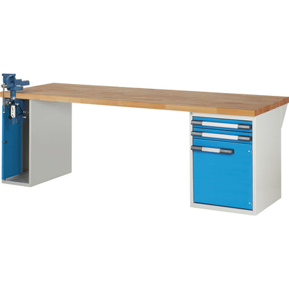Workbench, Series 7000 modular system, 2 drawers, 1 door, 1 vice (folding lift) on the left side, WxD 2500 x 900 mm.