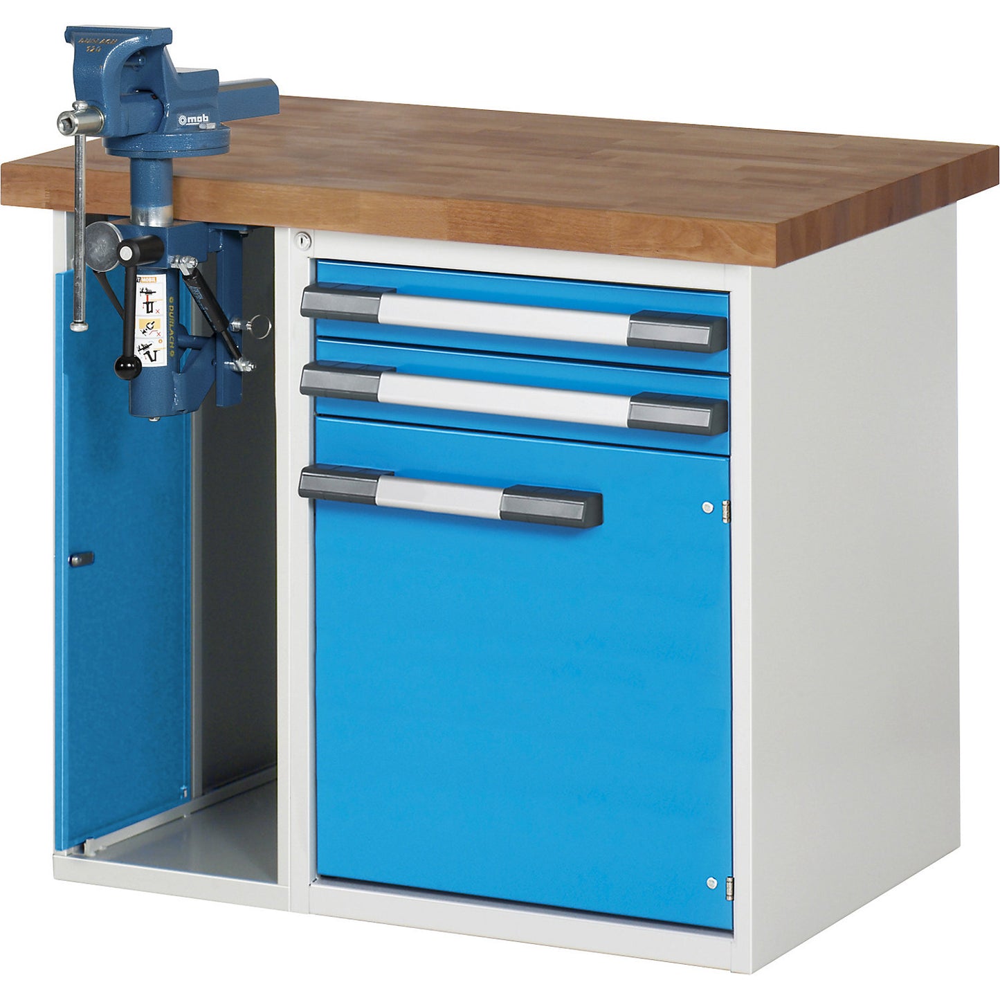 Workbench, Series 7000 modular system, 2 drawers, 1 door, 1 vice (folding lift) on the left side, WxD 1000 x 700 mm.