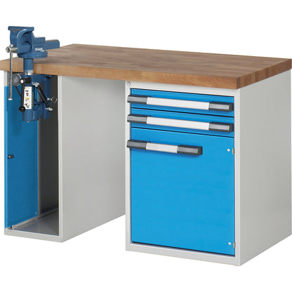 Workbench, Series 7000 modular system, 2 drawers, 1 door, 1 vice (folding lift) on the left side, WxD 1250 x 700 mm.