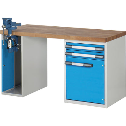 Workbench, Series 7000 modular system, 2 drawers, 1 door, 1 vice (folding lift) on the left side, WxD 1500 x 700 mm.