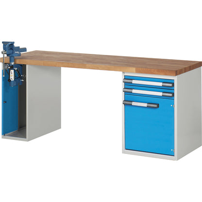 Workbench, Series 7000 modular system, 2 drawers, 1 door, 1 vice (folding lift) on the left side, WxD 2000 x 700 mm.
