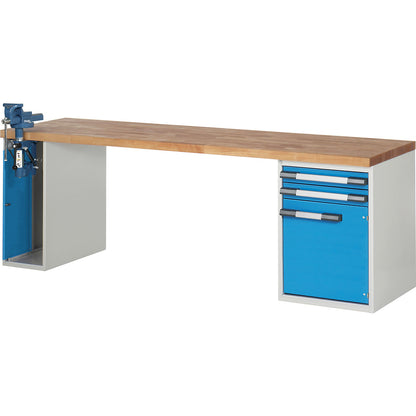 Workbench, Series 7000 modular system, 2 drawers, 1 door, 1 vice (folding lift) on the left side, WxD 2500 x 700 mm.