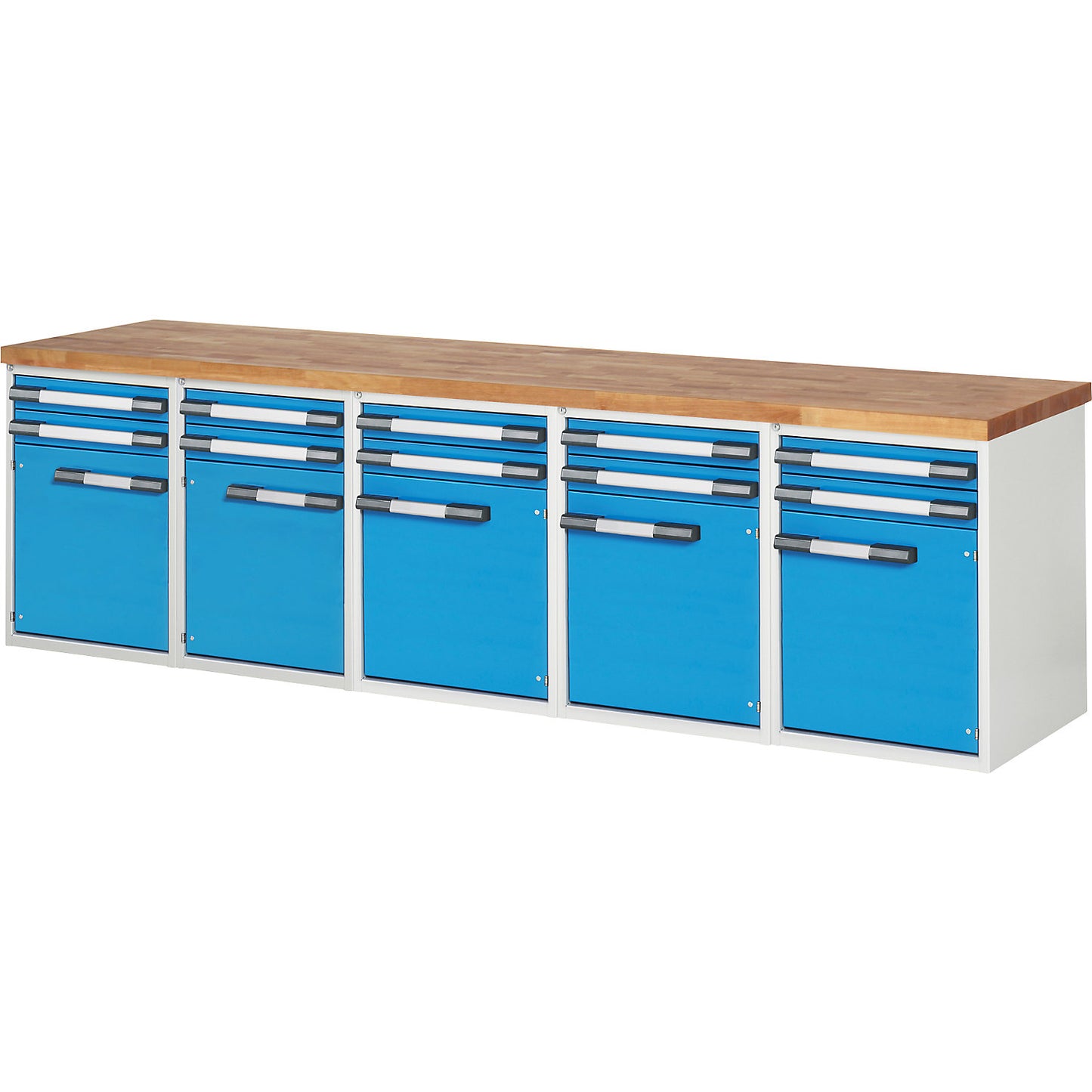 Workbench, Series 7000 modular system, 10 drawers, 5 doors, depth 700 mm, width 3000 mm.