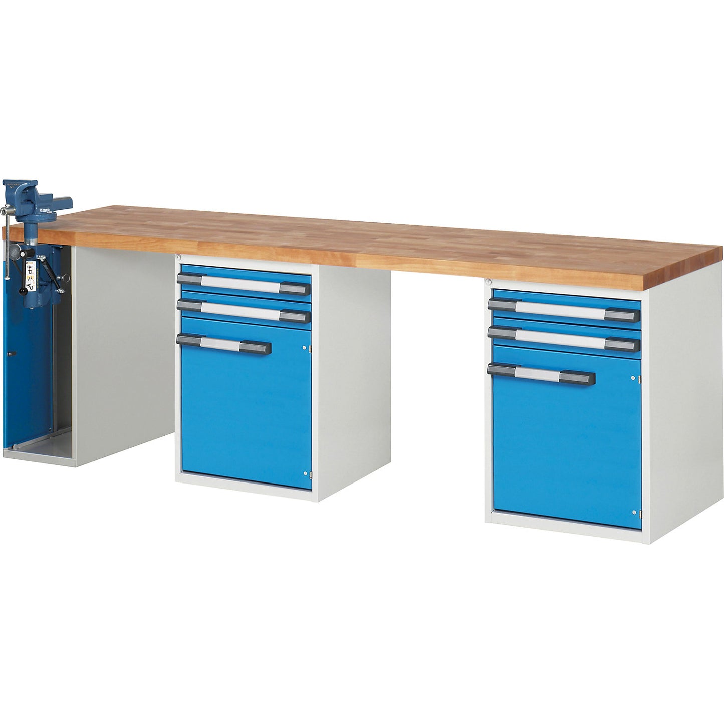 Workbench, Series 7000 modular system, 4 drawers, 2 doors, 1 vice (folding lift) on the left side, WxD 2500 x 700 mm.