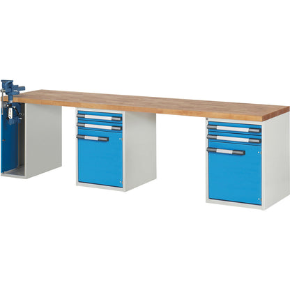 Workbench, Series 7000 modular system, 4 drawers, 2 doors, 1 vice (folding lift) on the left side, WxD 3000 x 700 mm.