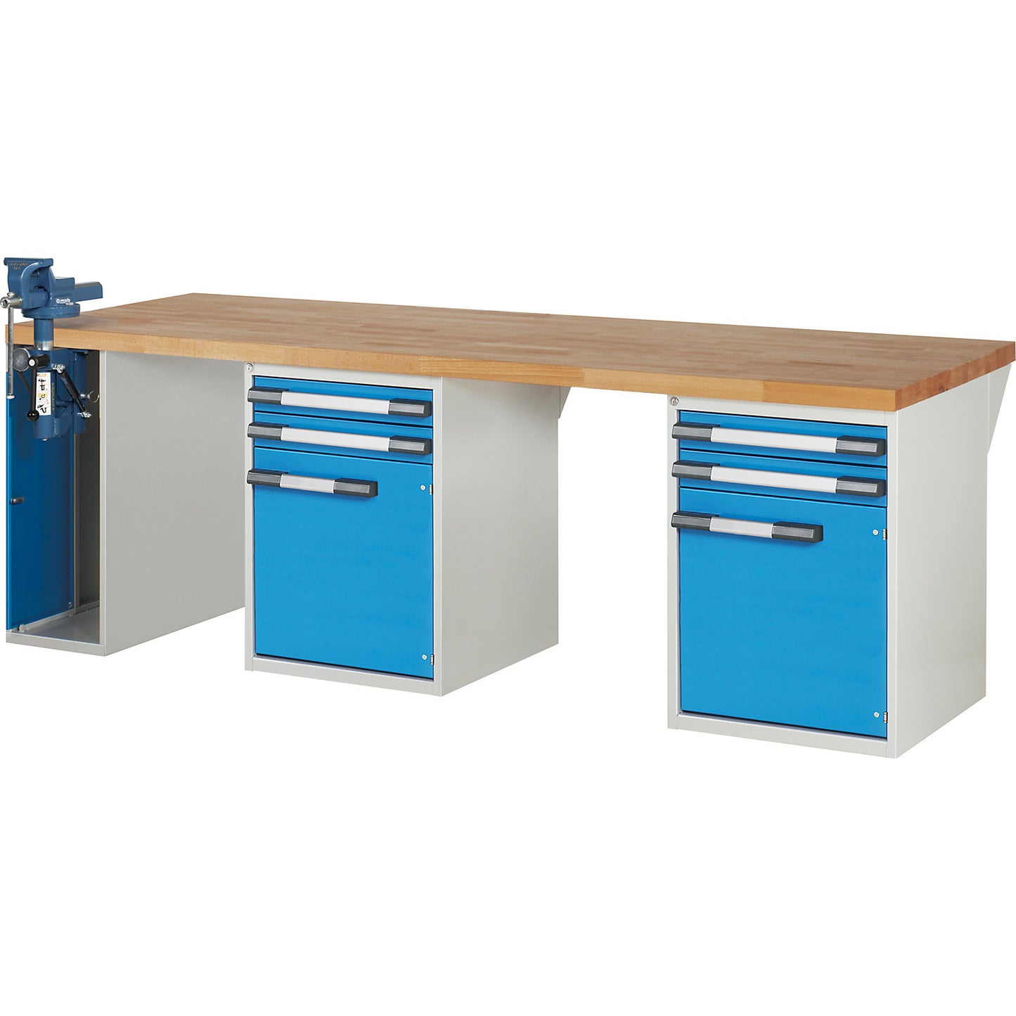 Workbench, Series 7000 modular system, 4 drawers, 2 doors, 1 vice (folding lift) on the left side, WxD 2500 x 900 mm.