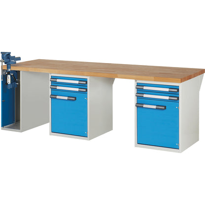 Workbench, Series 7000 modular system, 4 drawers, 2 doors, 1 vice (folding lift) on the left side, WxD 2500 x 900 mm.