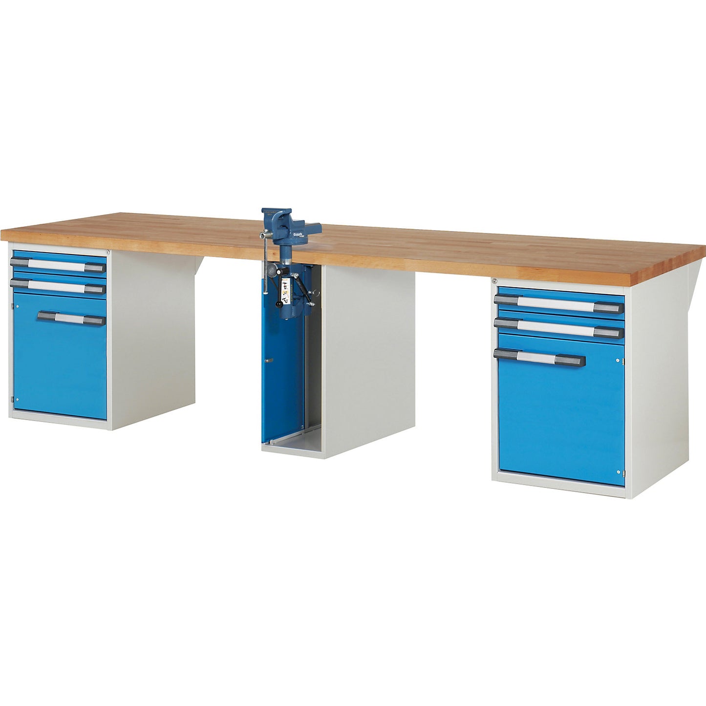 Workbench, Series 7000 modular system, 4 drawers, 2 doors, 1 vice (folding lift) in the middle, WxD 3000 x 900 mm.