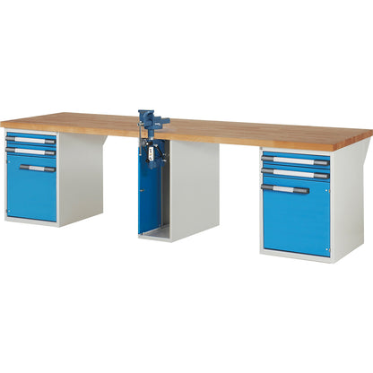 Workbench, Series 7000 modular system, 4 drawers, 2 doors, 1 vice (folding lift) in the middle, WxD 3000 x 900 mm.