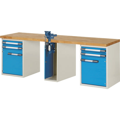 Workbench, Series 7000 modular system, 4 drawers, 2 doors, 1 vice (folding lift) in the middle, WxD 2500 x 700 mm.