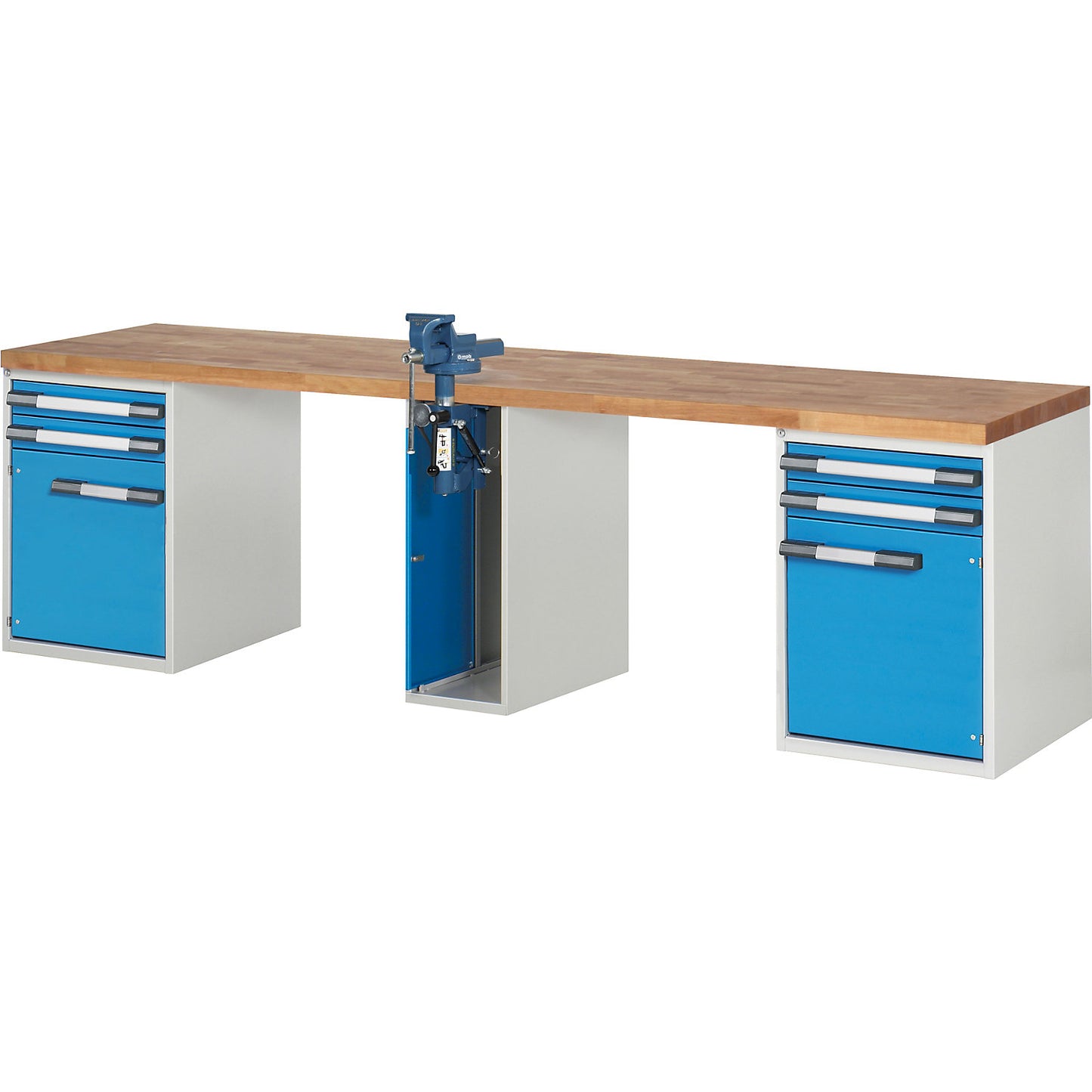 Workbench, Series 7000 modular system, 4 drawers, 2 doors, 1 vice (folding lift) in the middle, WxD 3000 x 700 mm.