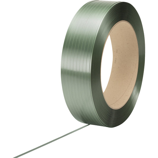 PET light strapping, for strap dispensers, core Ø 407 mm, strap LxW 1500 m x 15.5 mm, 0.9 mm thick.