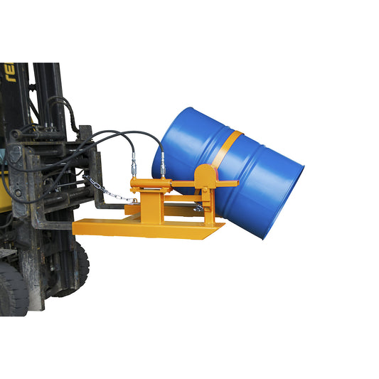 Drum tilting unit, tipping using stacker hydraulic system, yellow orange.