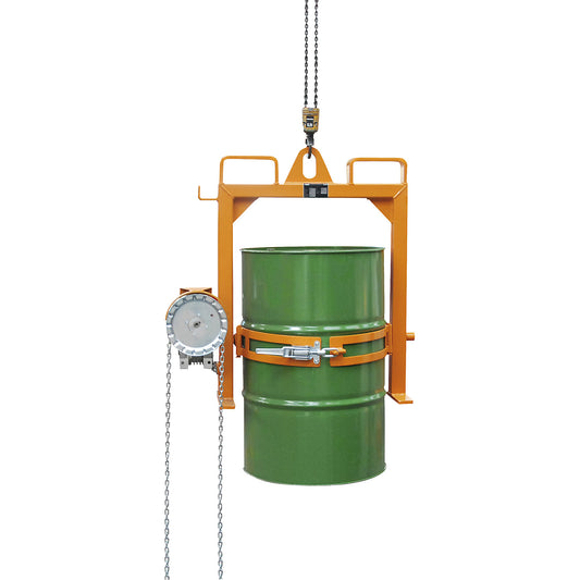 Drum tilting unit, with chain loop and for use with a crane, yellow orange.
