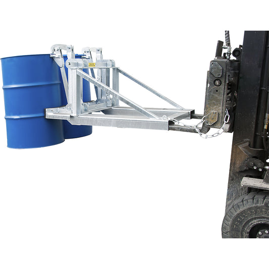 Drum lifter with wide rim grip, for 2 drums, zinc plated.