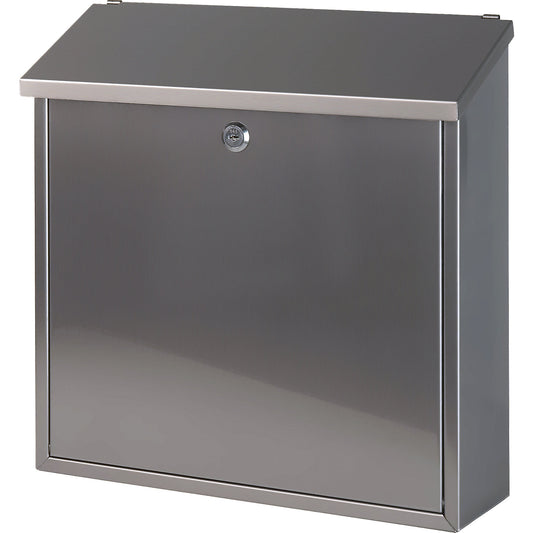 Letter box, with folding sloped roof, HxWxD 370 x 370 x 115 mm, stainless steel.