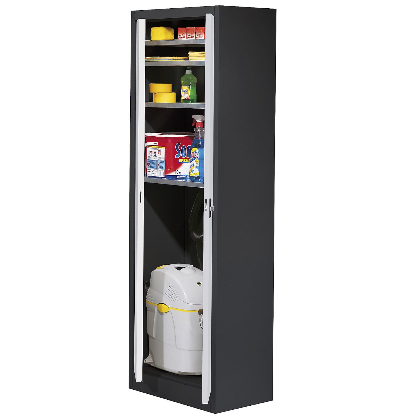 Storage cupboard, HxW 1950 x 600 mm, depth 420 mm, graphite black housing, light grey doors.